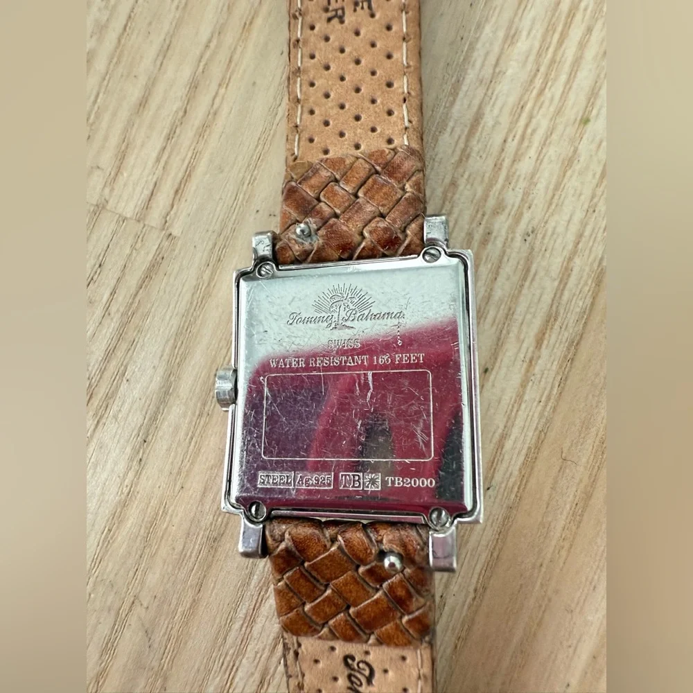 Tommy Bahama ladies square 925 silver brown leather Swiss watch NEW BATTERY